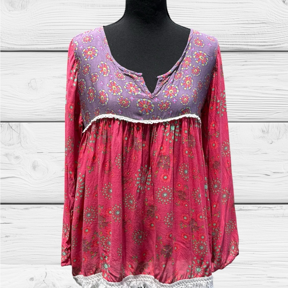 Bohemian Lace-Trim Tunic in Pink and Purple